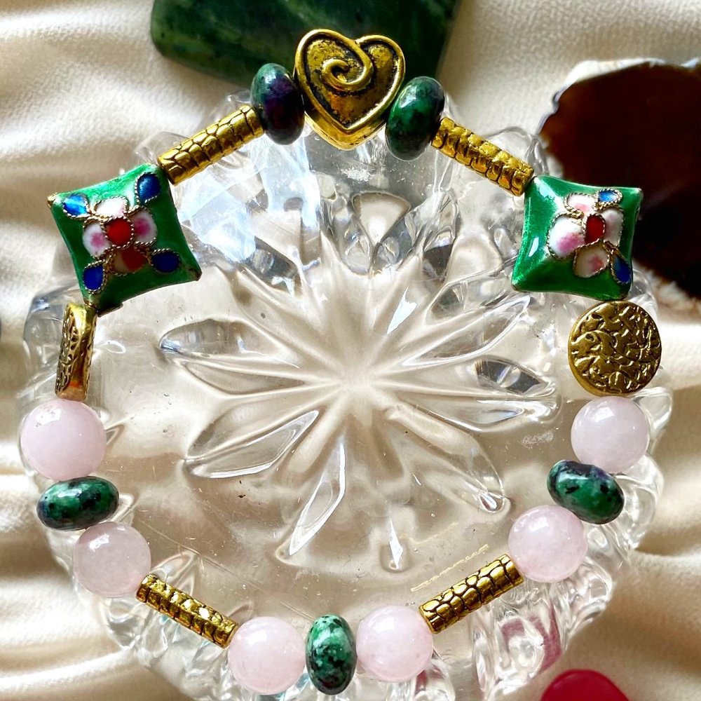 Rose Quartz and Ruby zoisite precious stones with a gold in color HEART Bracelet